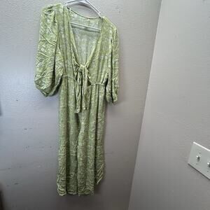 Free People Green Wide Leg Cropped Babydoll Deep V Boho‎ Tie Front Jumpsuit XS